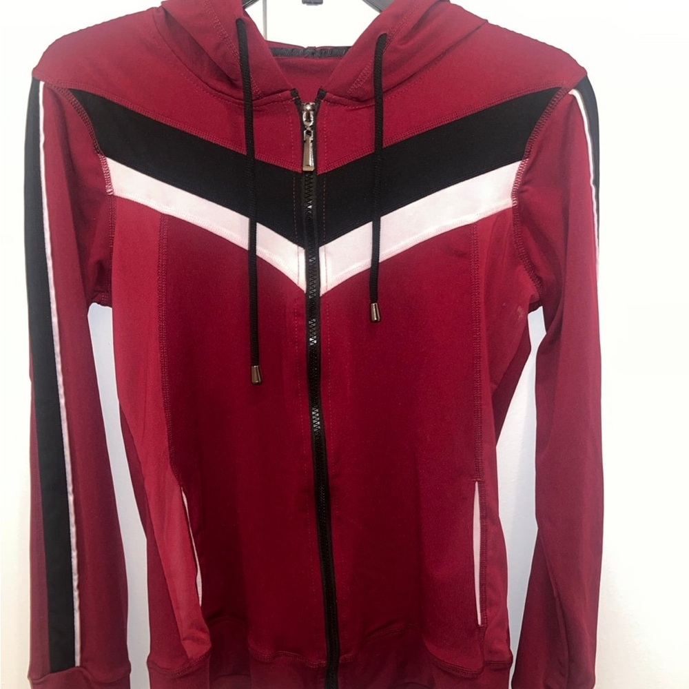 Red Zip-Up Hoodie with Black and White Stripes